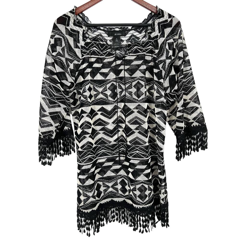 Ali Miles Womens Size Medium Knit Boho Aztec Blouse Shirt Top Sheer Black White